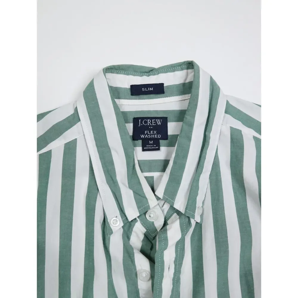 J.Crew Flex Washed Striped Shirt Green White Button Down Coastal Prep Resort M
